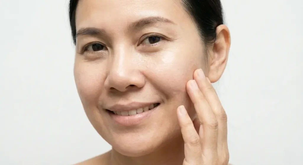A confident, happy person admiring their smooth, healthy skin.