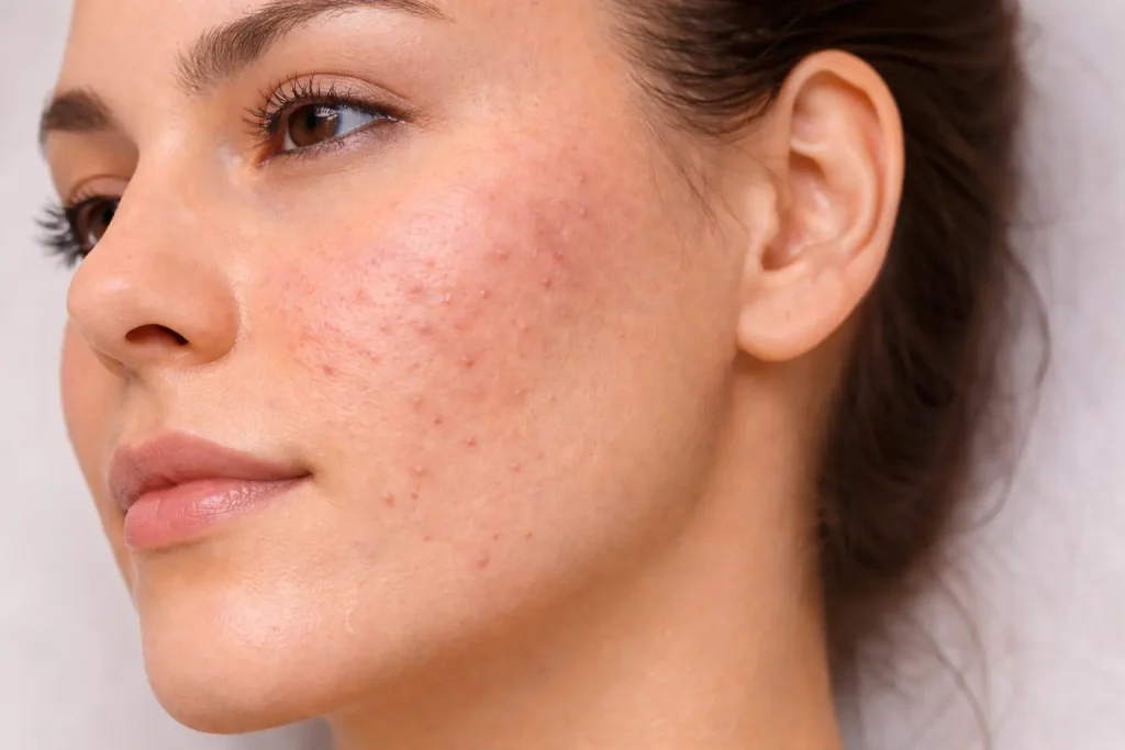 Acne scars and uneven skin texture on facial skin
