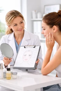 Skincare consultation reviewing facial concerns and treatment plan