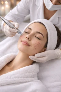 woman receiving microneedling treatment for acne scars at a medical spa, with an esthetician performing the procedure.