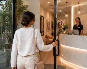 Woman entering a stylish aesthetic clinic with a friendly receptionist.