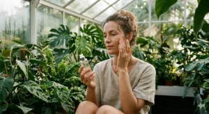 A woman with radiant, glowing skin applies a hydrating serum to her face while sitting in a lush, mist-filled greenhouse surrounded by tropical plants.