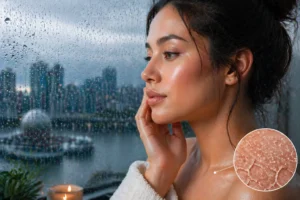 Close-up of glowing skin and dry skin contrast by rainy window.