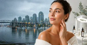 Glowing skin woman in rainy Vancouver clinic setting You Glow Aesthetics