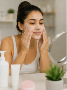 Woman cleansing her face at home with foaming facial wash in bathroom mirror