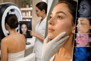 Professional skin analysis consultation using advanced facial imaging technology in a modern aesthetic clinic