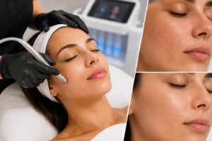 Professional microdermabrasion facial treatment with close up skin texture improvement in modern clinic