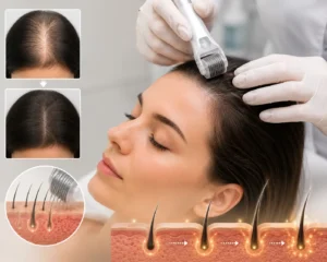receiving scalp microneedling treatment with a dermaroller, showing a close-up of her scalp with dense, fully regrown hair.