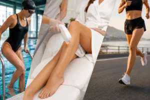 Swimmer and runner lifestyle collage with full leg laser hair removal treatment in a modern spa setting