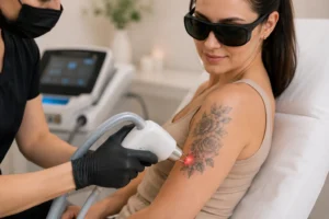 receives laser tattoo removal on her upper arm in a bright, modern spa.