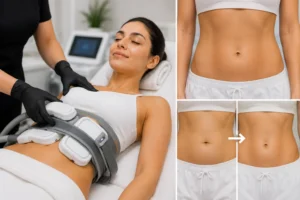 Advanced abdominal muscle sculpting treatment with visible toned abs results in clinical spa