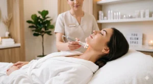 A client receiving a non-surgical jawline tightening and double chin removal treatment with a modern skin-tightening device at You Glow Spas.
