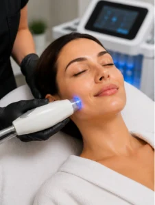 Non invasive facial skin tightening procedure using advanced device in modern medical spa