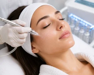 A young woman receiving an oxygen facial in a clinical spa setting, with a practitioner holding a metallic device near her cheek emitting a fine mist.