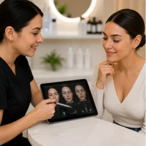 Skin consultation with digital facial analysis in modern medical spa