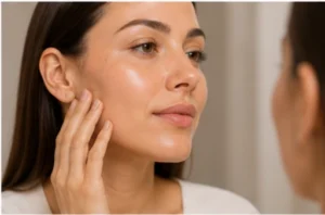 Woman examining smooth glowing facial skin in mirror after aesthetic treatment