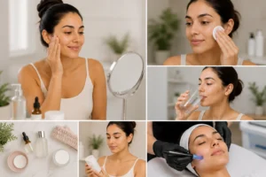 Skincare preparation routine before microneedling treatment in modern spa setting