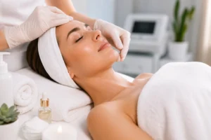 Facial treatment with skincare application in spa setting