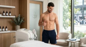 A fit, shirtless man giving a thumbs-up next to a laser hair removal machine in a modern, bright med spa treatment room.