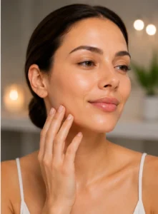 Woman with smooth glowing skin gently touching her cheek after non surgical skin tightening treatment
