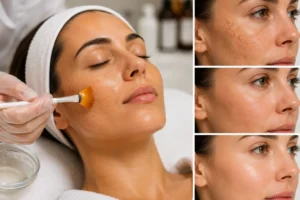 Professional chemical peel application for sun damage with visible skin tone and texture improvement