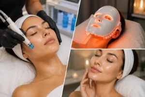 Client checking glowing glass skin results in mirror after professional facial treatment
