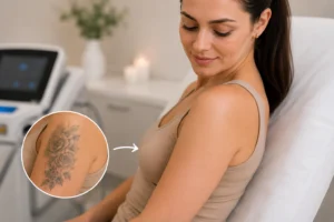 smiling softly, showing smooth, tattoo-free skin on her upper arm.