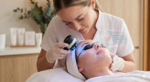 an esthetician closely inspecting a client's glowing, dewy face with a skin analysis magnifying tool after a facial treatment,