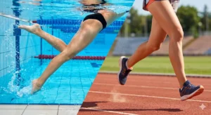 A split-screen image showing a swimmer's smooth legs kicking in a clear blue pool on the left, and a runner's toned