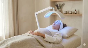 A woman relaxes on a spa treatment bed with her eyes closed, receiving a blue light therapy facial treatment from a professional LED device to soothe sensitive skin and reduce redness.