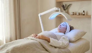 A woman relaxes on a spa treatment bed with her eyes closed, receiving a blue light therapy facial treatment from a professional LED device to soothe sensitive skin and reduce redness.