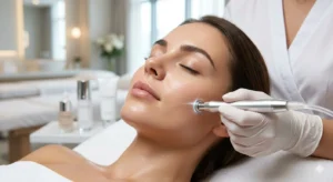 A close-up of a client receiving a professional microdermabrasion treatment on her cheek with a diamond-tip wand at a modern, bright medical spa.