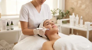 A woman receiving a professional microneedling treatment on her cheek at a bright, luxurious spa.