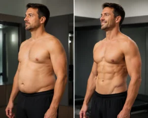 Side-by-side comparison of a man before and after muscle sculpting, showing improved abdominal definition