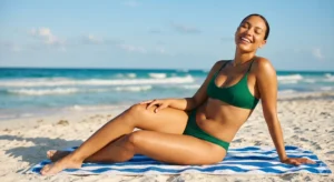 A confident woman with smooth, flawless skin lounging in a green bikini on a beach towel, showcasing rash-free results of bikini laser hair removal.