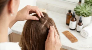 Close-up of a stylist’s hands gently parting a woman’s brown hair to examine her clean, healthy scalp on a luxury spa vanity background.