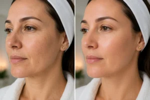 Side-by-side before and after of a woman’s facial showing improved skin texture and radiance