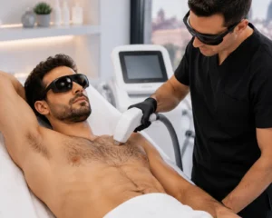 Male receiving chest laser hair removal treatment in clinic