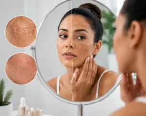 Woman examining melasma and hyperpigmentation on facial skin