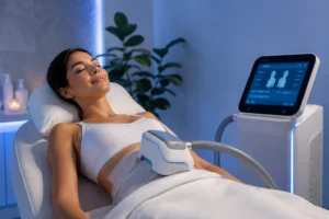 Woman receiving cryo fat-freezing treatment in a modern Winnipeg spa