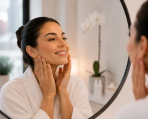 Woman enjoying glowing skin after facial treatment