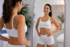 Woman admiring toned figure after cryo fat-freezing treatment
