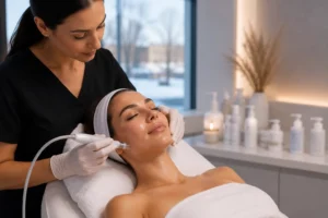 Client receiving anti-aging facial treatment in Winnipeg spa