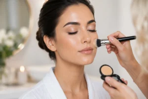 Makeup artist applying foundation to a woman with smooth, glowing skin after professional exfoliation treatment.