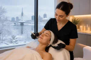 Facial treatment in Winnipeg spa with snowy city view