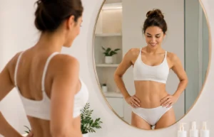 Woman admiring her body contouring results in a mirror, smiling at her more defined waist in a bright wellness setting.