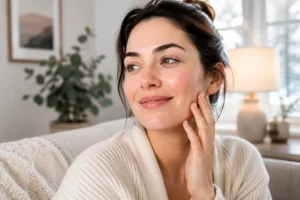 Happy woman with calm, glowing-looking skin relaxing at home after a rosacea skincare treatment.