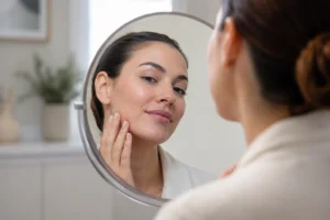 Checking skin results after microneedling treatment