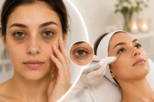 Woman with visible dark circles under her eyes alongside a professional under-eye skincare treatment.