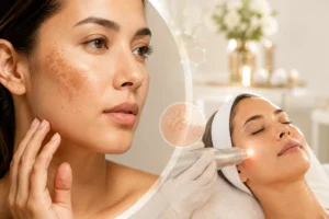 Woman with visible facial melasma alongside a professional skincare treatment targeting hyperpigmentation.